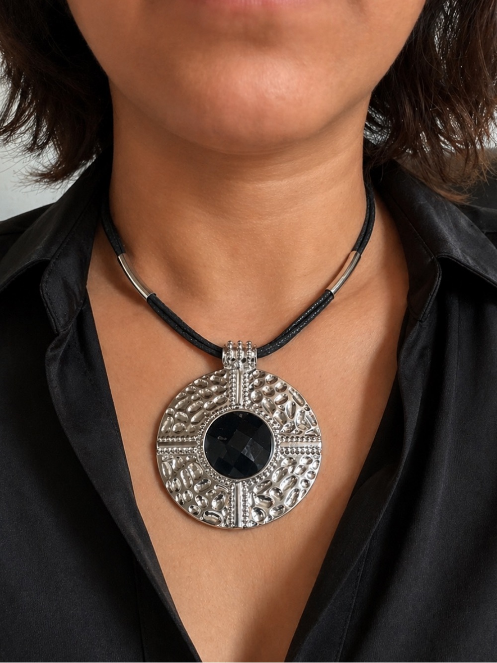 Silver-Tone Round Medallion Pendant Necklace with Black Center